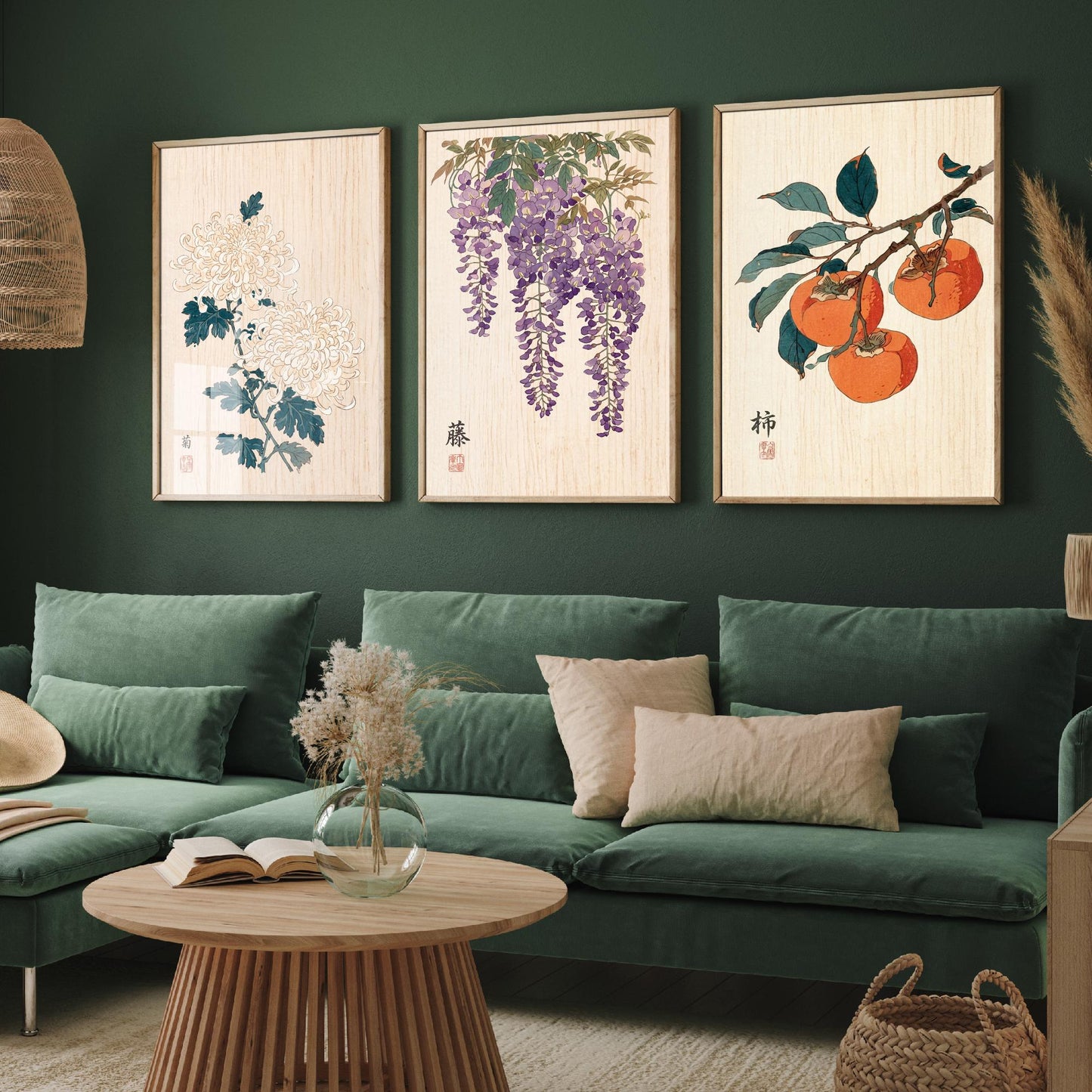 Japanese Botanical Set of Three Art Prints - Chrysanthemum, Wisteria, Persimmon - Woodblock Flower Posters - Zen Wall Decor V2