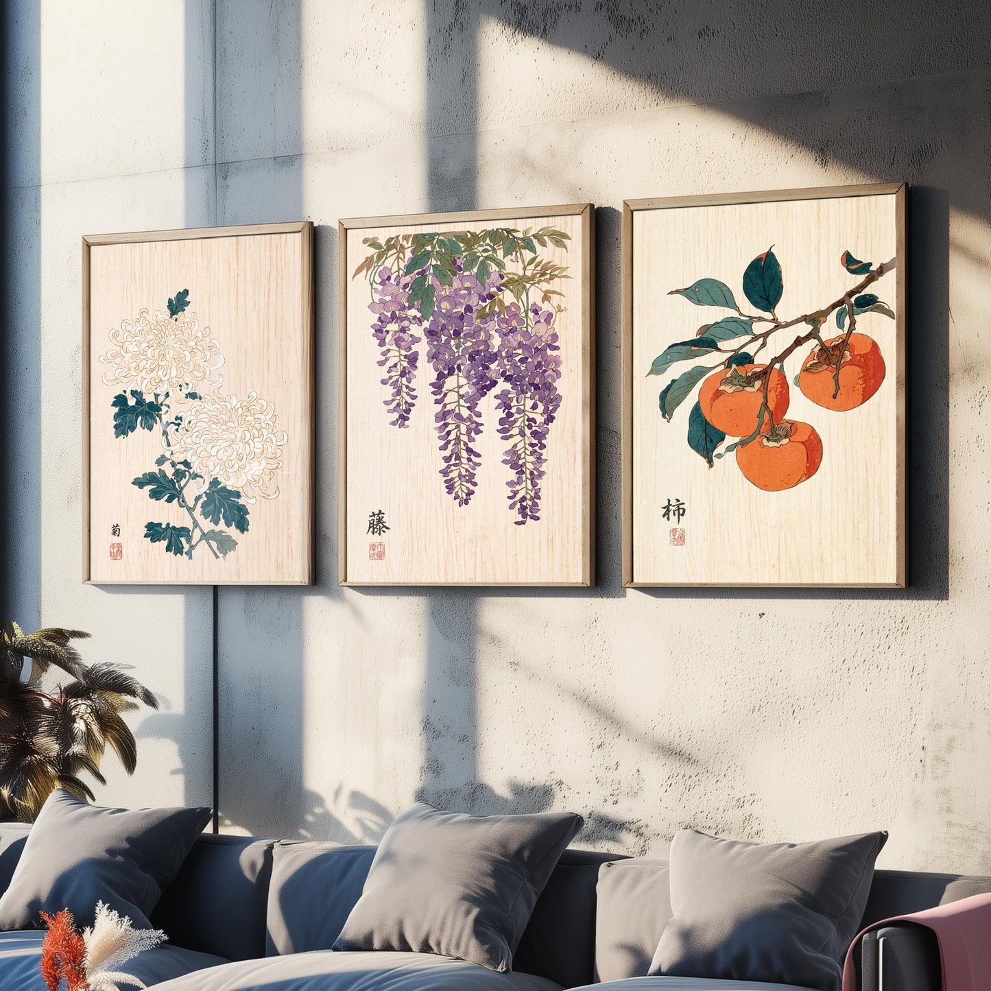 Japanese Botanical Set of Three Art Prints - Chrysanthemum, Wisteria, Persimmon - Woodblock Flower Posters - Zen Wall Decor V2