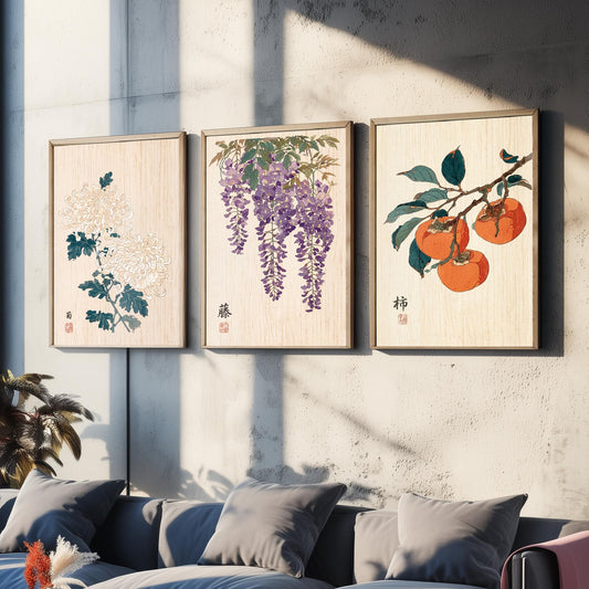 Japanese Botanical Set of Three Art Prints - Chrysanthemum, Wisteria, Persimmon - Woodblock Flower Posters - Zen Wall Decor V2
