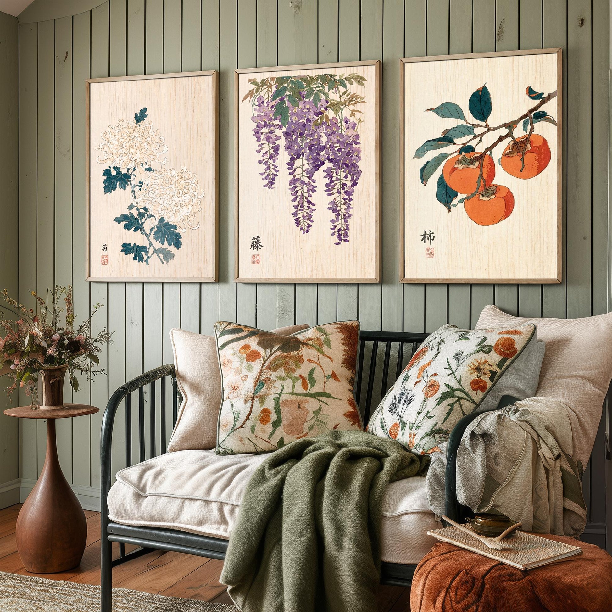 Japanese Botanical Set of Three Art Prints - Chrysanthemum, Wisteria, Persimmon - Woodblock Flower Posters - Zen Wall Decor V2