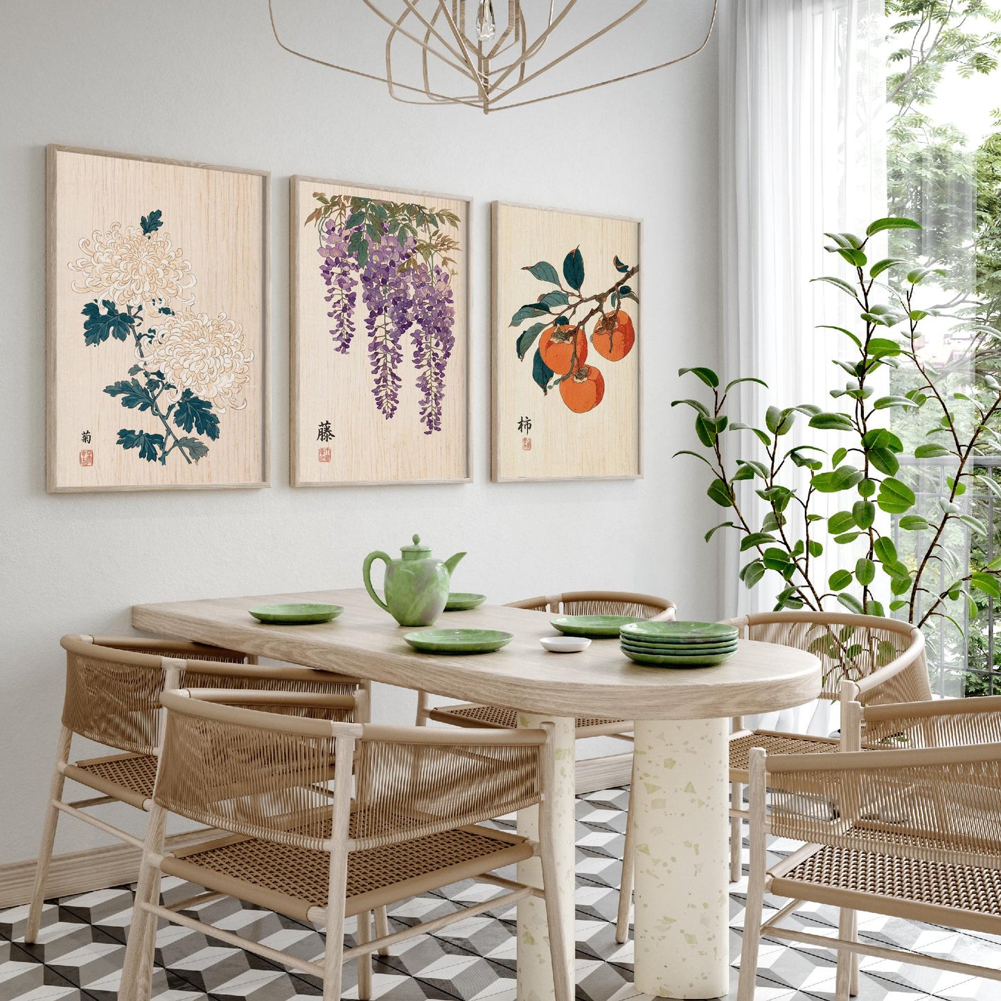 Japanese Botanical Set of Three Art Prints - Chrysanthemum, Wisteria, Persimmon - Woodblock Flower Posters - Zen Wall Decor V2