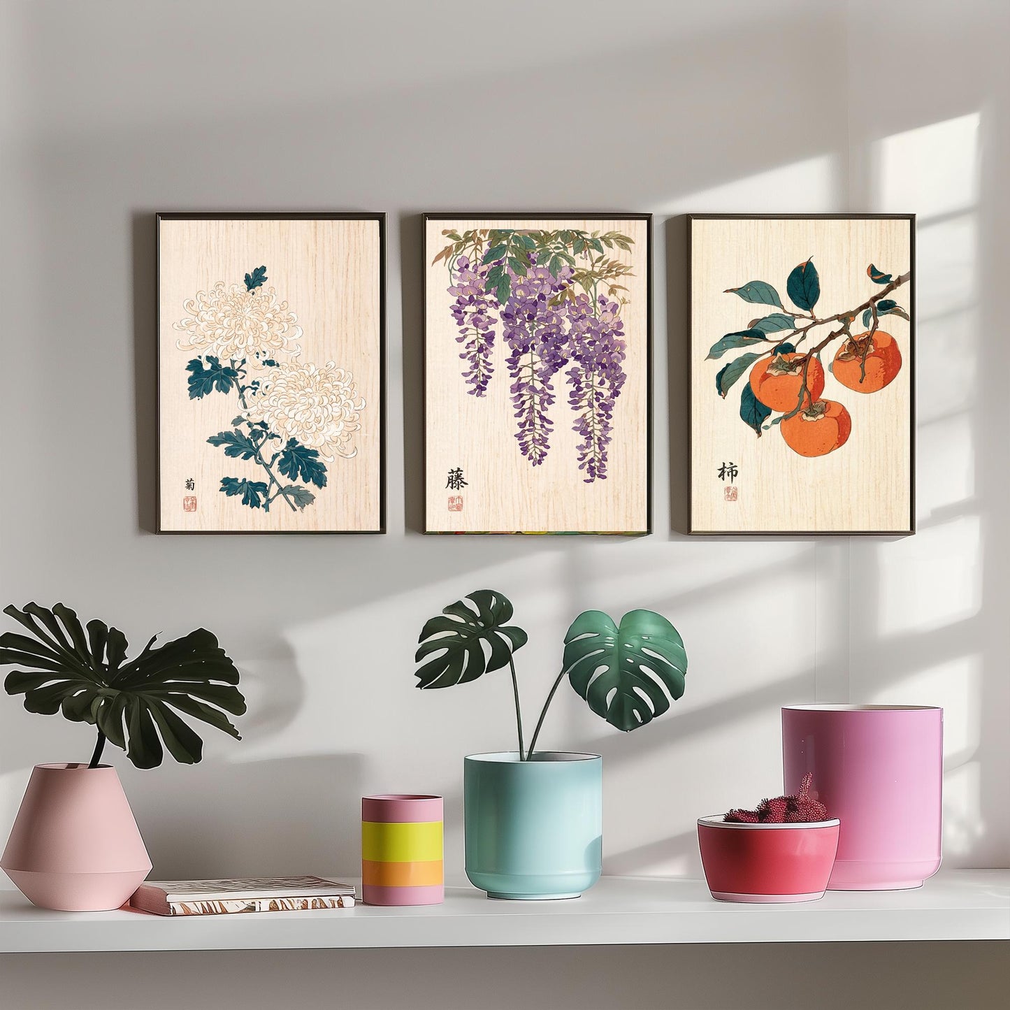 Japanese Botanical Set of Three Art Prints - Chrysanthemum, Wisteria, Persimmon - Woodblock Flower Posters - Zen Wall Decor V2