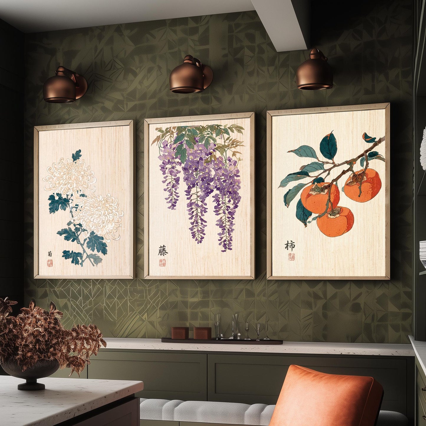 Japanese Botanical Set of Three Art Prints - Chrysanthemum, Wisteria, Persimmon - Woodblock Flower Posters - Zen Wall Decor V2