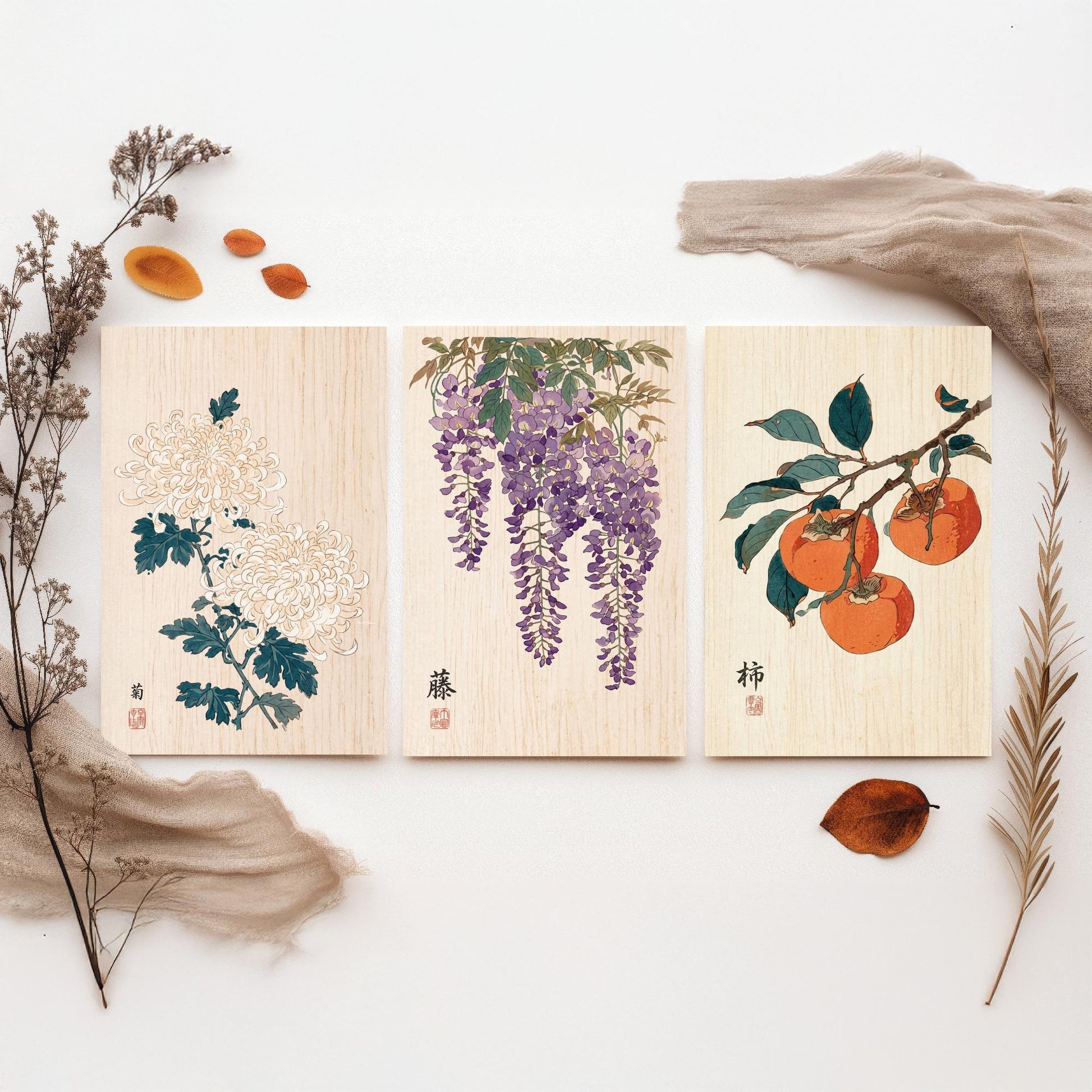 Japanese Botanical Set of Three Art Prints - Chrysanthemum, Wisteria, Persimmon - Woodblock Flower Posters - Zen Wall Decor V2