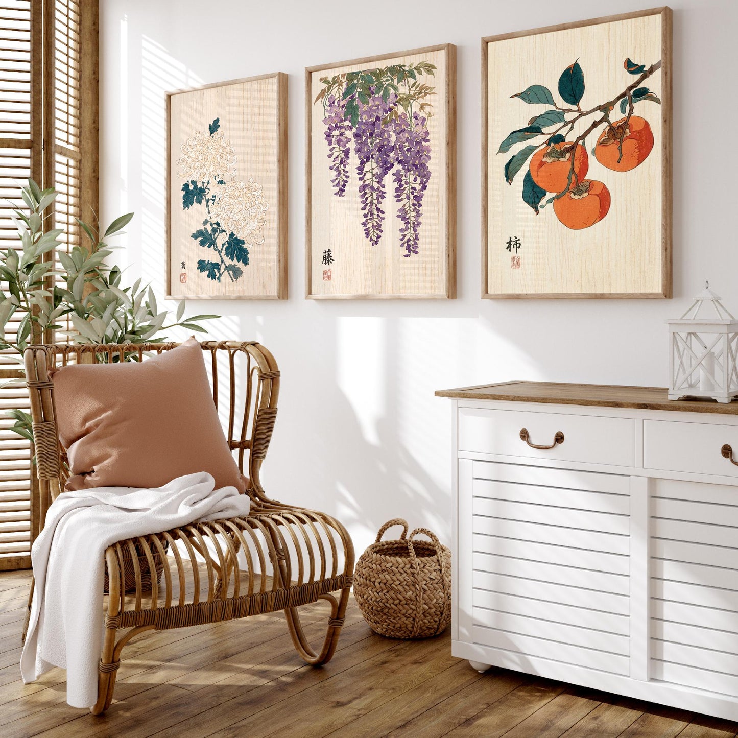 Japanese Botanical Set of Three Art Prints - Chrysanthemum, Wisteria, Persimmon - Woodblock Flower Posters - Zen Wall Decor V2