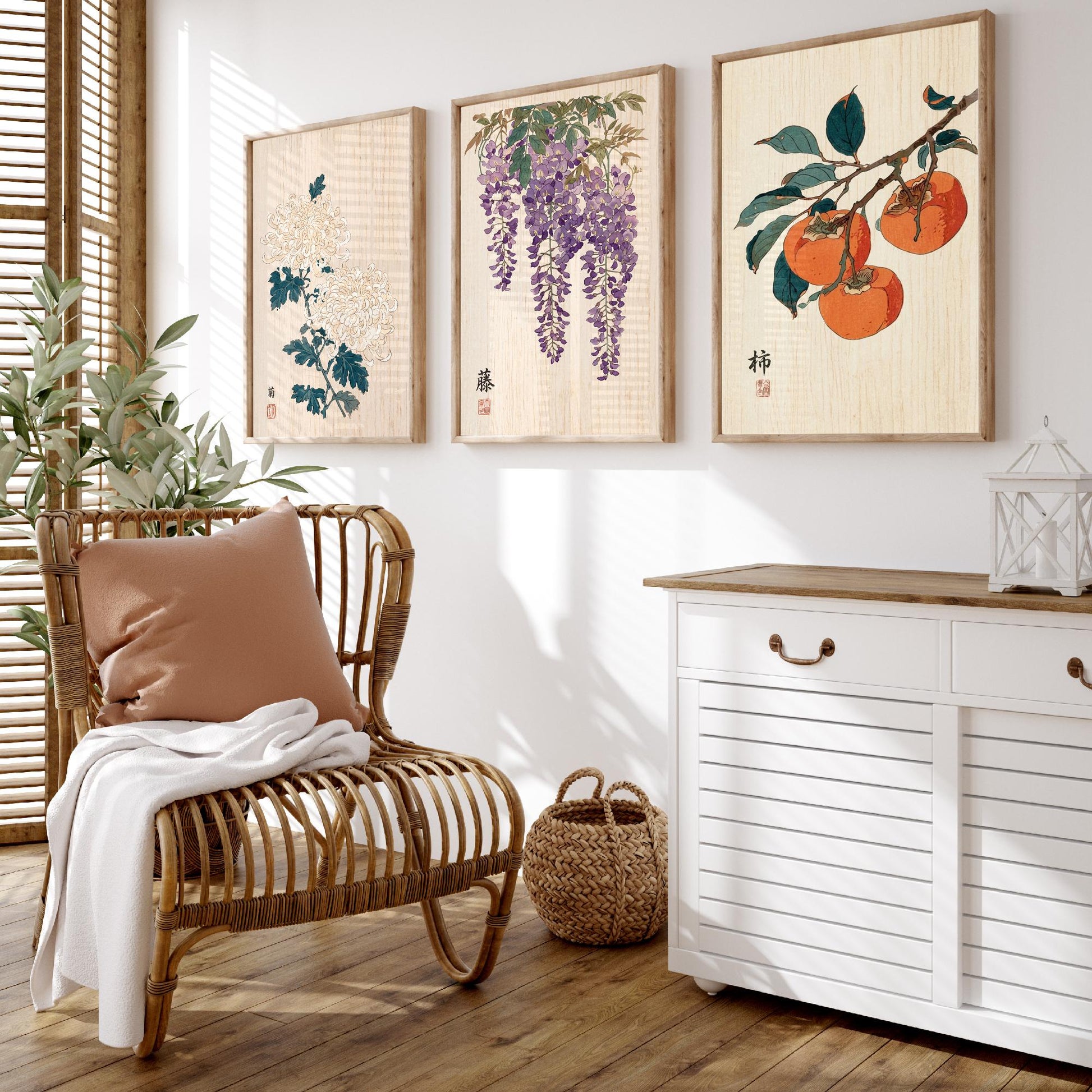 Japanese Botanical Set of Three Art Prints - Chrysanthemum, Wisteria, Persimmon - Woodblock Flower Posters - Zen Wall Decor V2