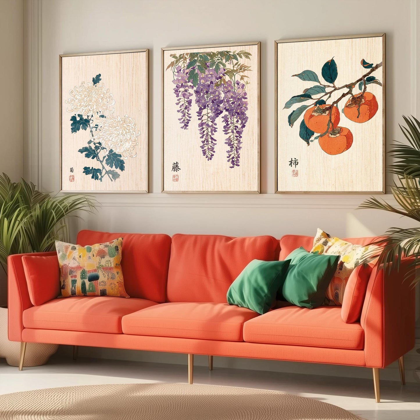 Japanese Botanical Set of Three Art Prints - Chrysanthemum, Wisteria, Persimmon - Woodblock Flower Posters - Zen Wall Decor V2