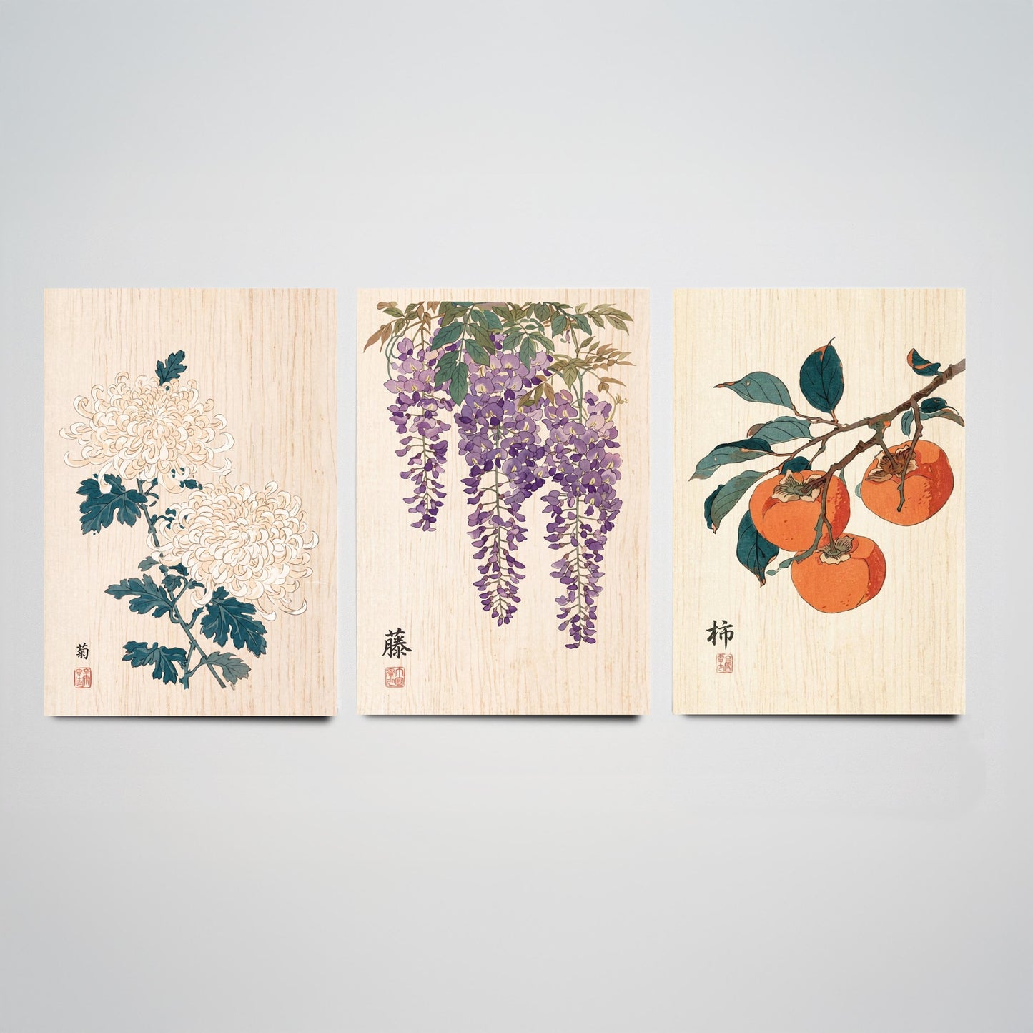 Japanese Botanical Set of Three Art Prints - Chrysanthemum, Wisteria, Persimmon - Woodblock Flower Posters - Zen Wall Decor V2
