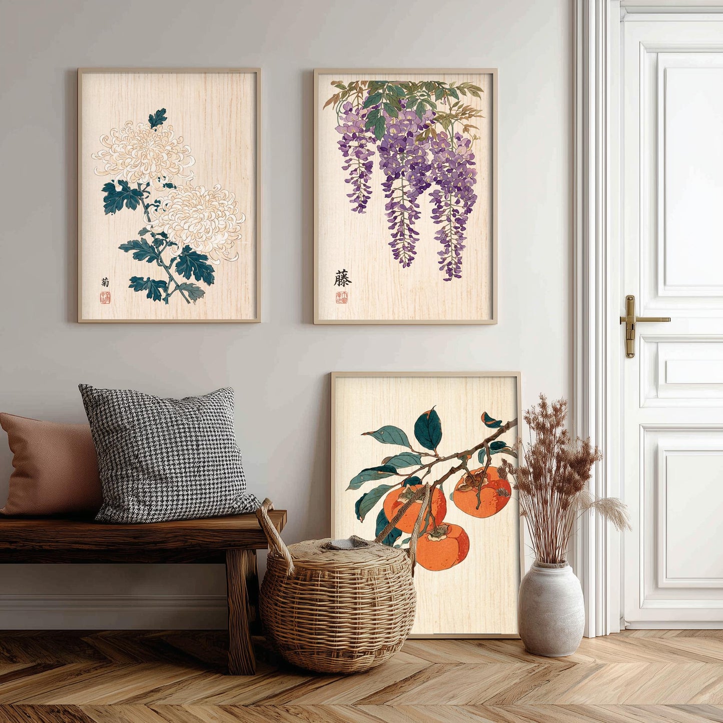 Japanese Botanical Set of Three Art Prints - Chrysanthemum, Wisteria, Persimmon - Woodblock Flower Posters - Zen Wall Decor V2