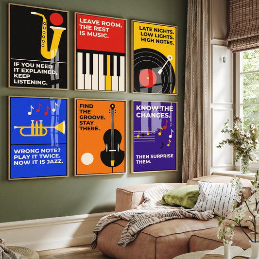 Set of Six Jazz Quote Art Prints - 6 Bauhaus Music Posters - Minimalist Music Illustration - Saxophone, Trumpet, Double Bass