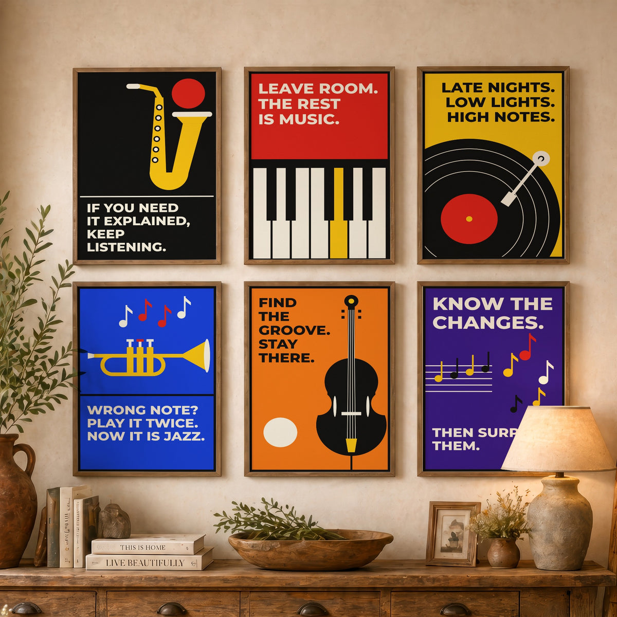 Set of Six Jazz Quote Art Prints - 6 Bauhaus Music Posters - Minimalist Music Illustration - Saxophone, Trumpet, Double Bass