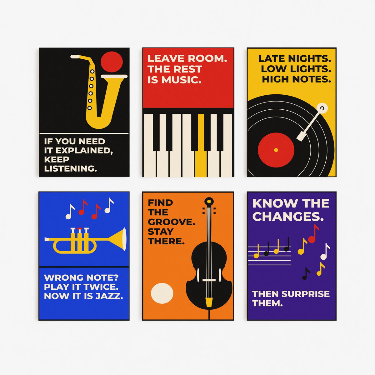 Set of Six Jazz Quote Art Prints - 6 Bauhaus Music Posters - Minimalist Music Illustration - Saxophone, Trumpet, Double Bass