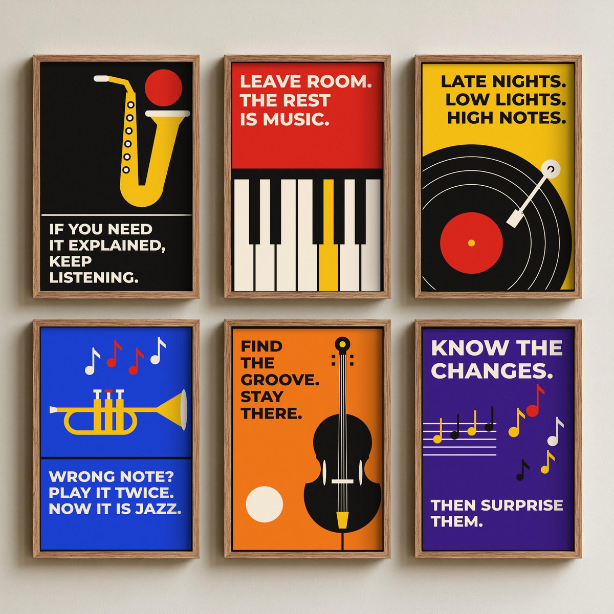 Set of Six Jazz Quote Art Prints - 6 Bauhaus Music Posters - Minimalist Music Illustration - Saxophone, Trumpet, Double Bass