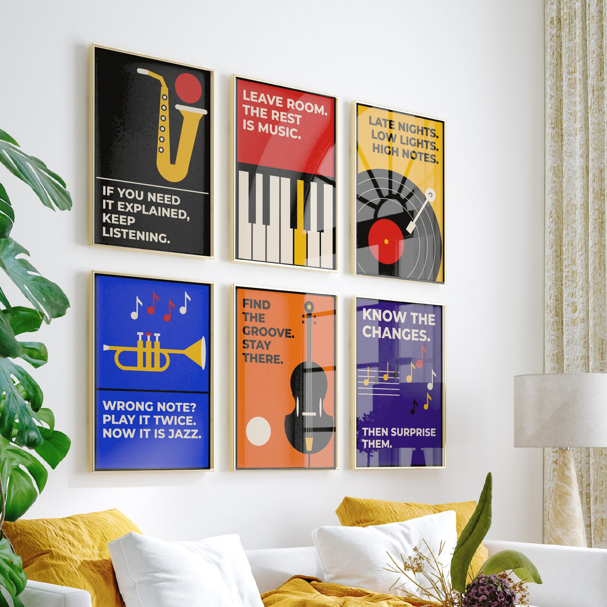 Set of Six Jazz Quote Art Prints - 6 Bauhaus Music Posters - Minimalist Music Illustration - Saxophone, Trumpet, Double Bass