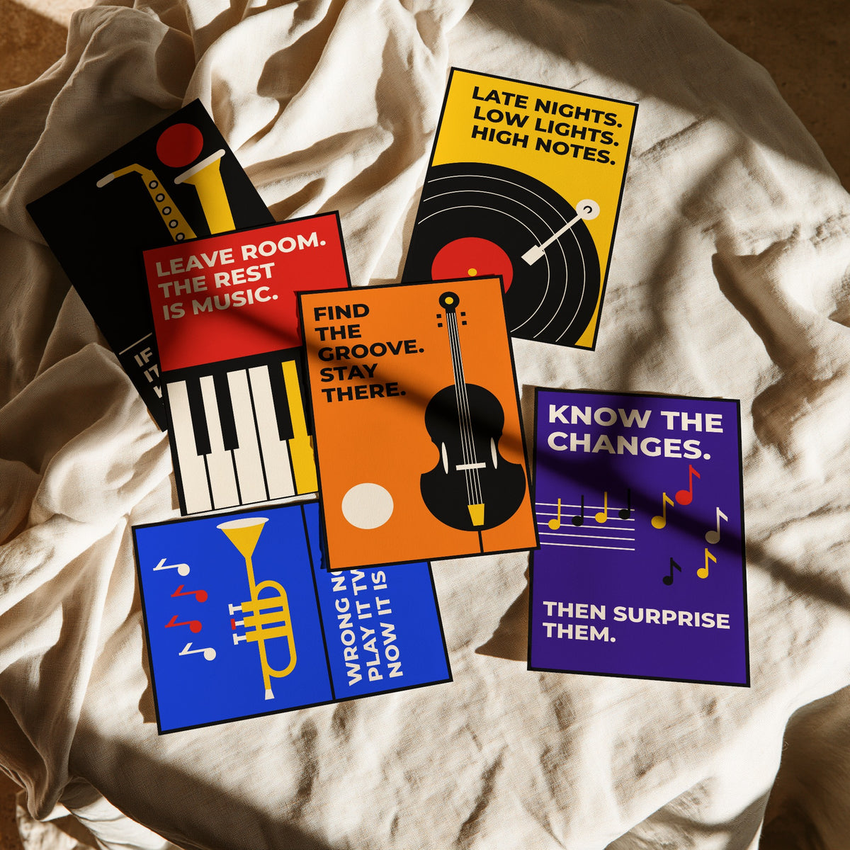 Set of Six Jazz Quote Art Prints - 6 Bauhaus Music Posters - Minimalist Music Illustration - Saxophone, Trumpet, Double Bass