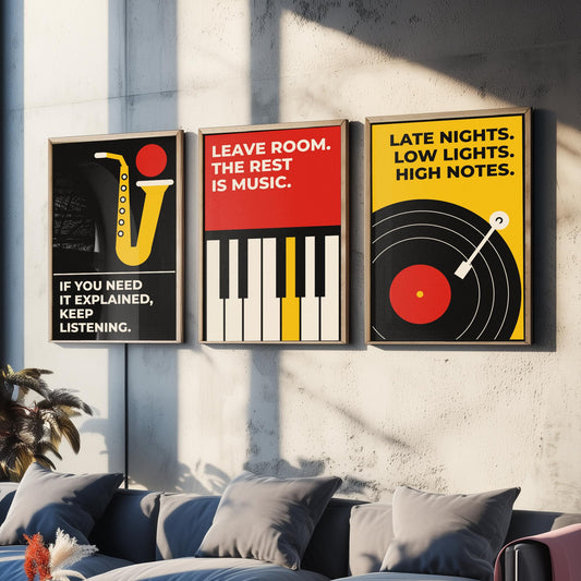 Jazz Quotes Set of Three Art Prints - 3 Bauhaus Music Posters - Minimalist Music Wall Art Illustration V1
