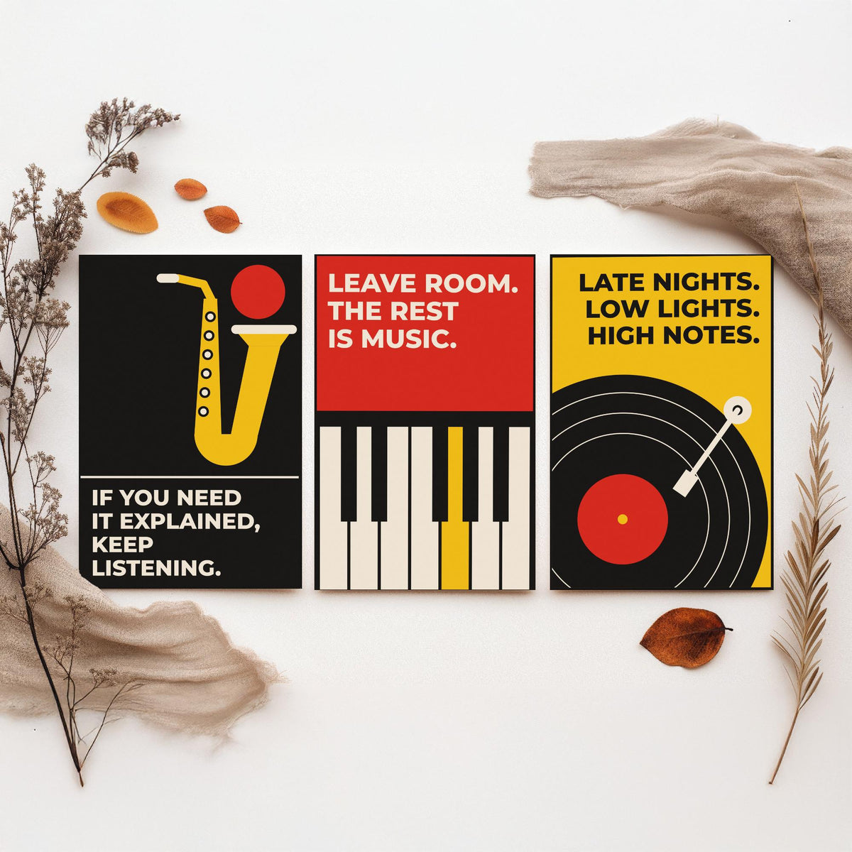 Jazz Quotes Set of Three Art Prints - 3 Bauhaus Music Posters - Minimalist Music Wall Art Illustration V1