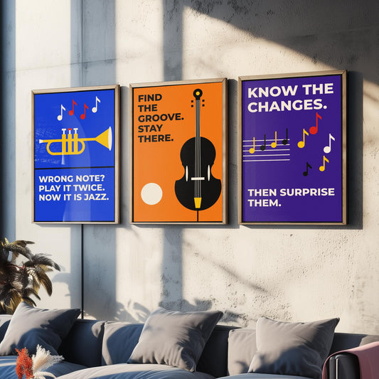 Jazz Quotes Set of Three Art Prints - 3 Retro Bauhaus Music Posters - Minimalist Music Wall Art Illustration V2