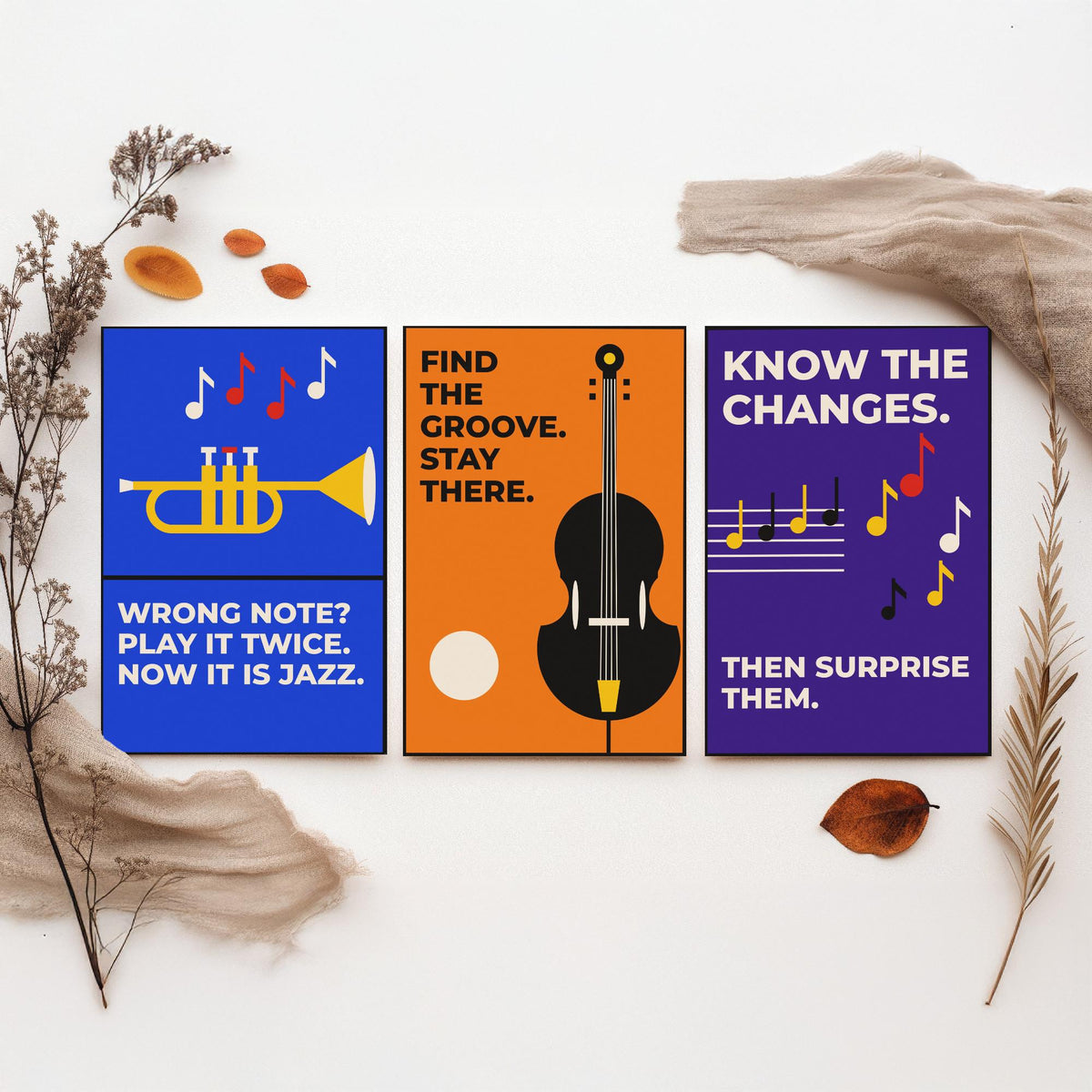 Jazz Quotes Set of Three Art Prints - 3 Retro Bauhaus Music Posters - Minimalist Music Wall Art Illustration V2