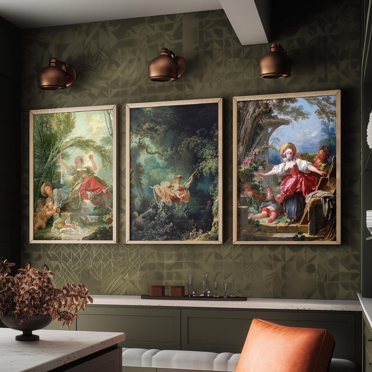 Jean Honore Fragonard Set of Three Art Prints - The Swing and Rococo Garden Scenes - Classic Painting Poster