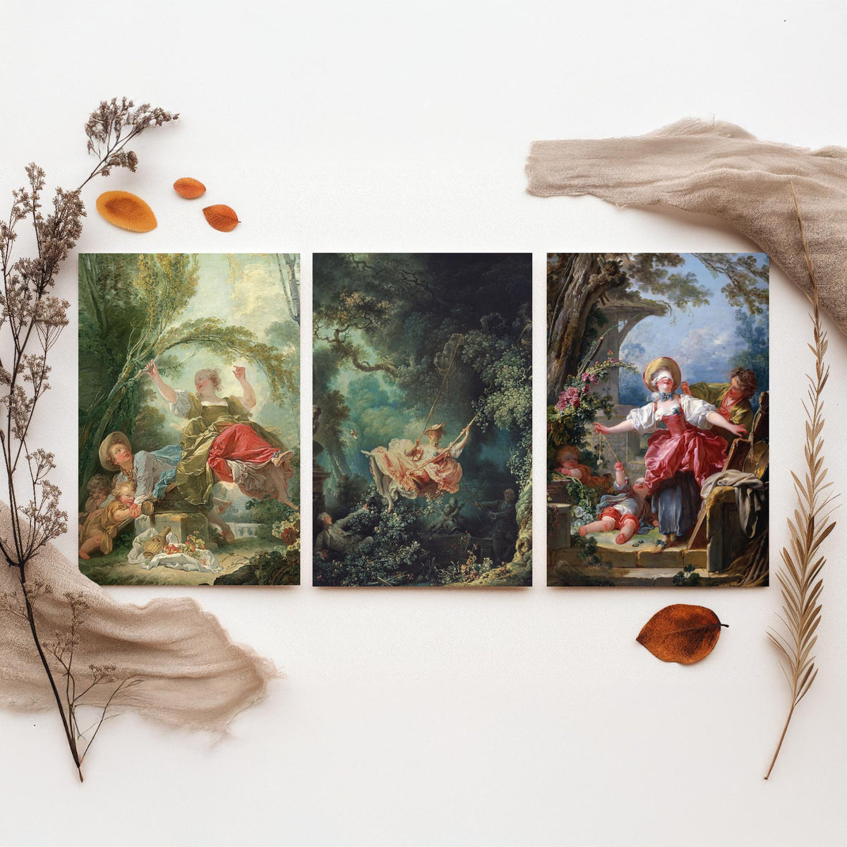 Jean Honore Fragonard Set of Three Art Prints - The Swing and Rococo Garden Scenes - Classic Painting Poster