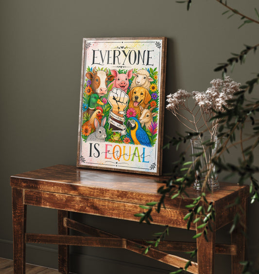 Everyone Is Equal Art Print - Vegan Farm Animals Raised Fist Poster - Jessica Redon Animal Rights Illustration V2