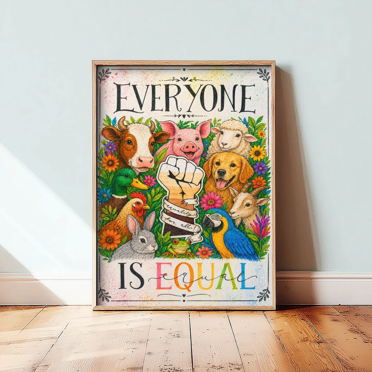Everyone Is Equal Art Print - Vegan Farm Animals Raised Fist Poster - Jessica Redon Animal Rights Illustration V2