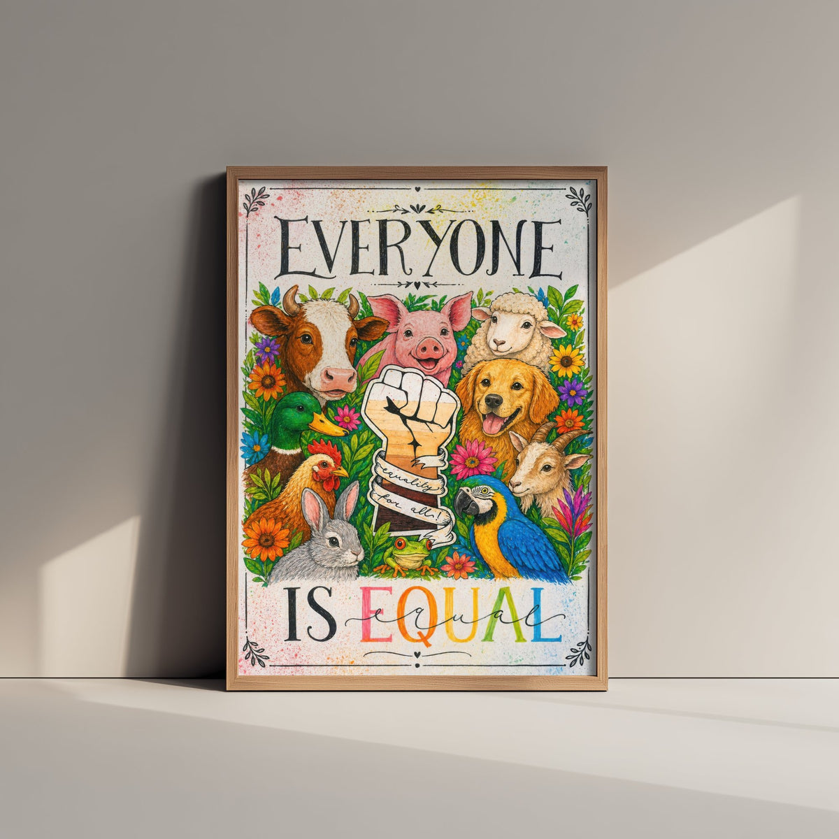 Everyone Is Equal Art Print - Vegan Farm Animals Raised Fist Poster - Jessica Redon Animal Rights Illustration V2