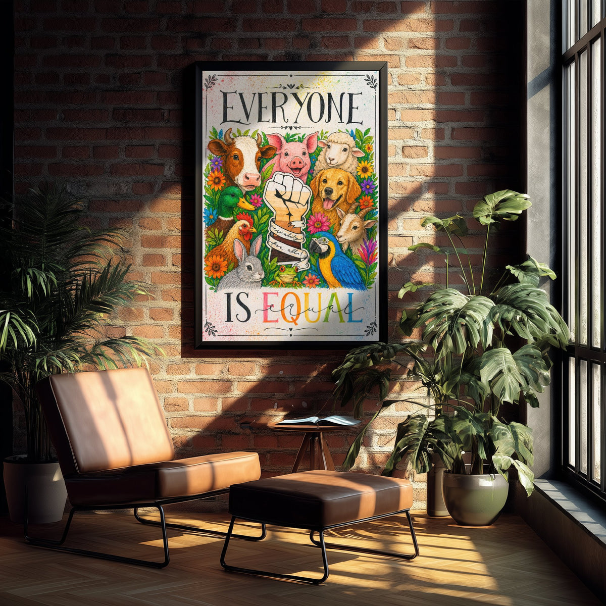 Everyone Is Equal Art Print - Vegan Farm Animals Raised Fist Poster - Jessica Redon Animal Rights Illustration V2