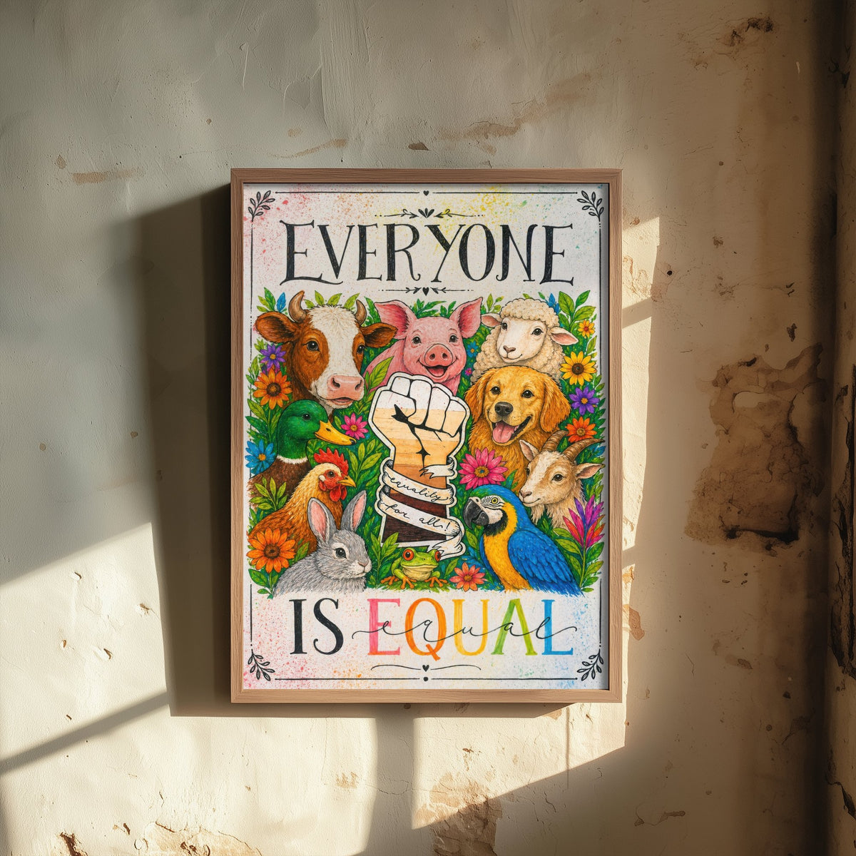 Everyone Is Equal Art Print - Vegan Farm Animals Raised Fist Poster - Jessica Redon Animal Rights Illustration V2