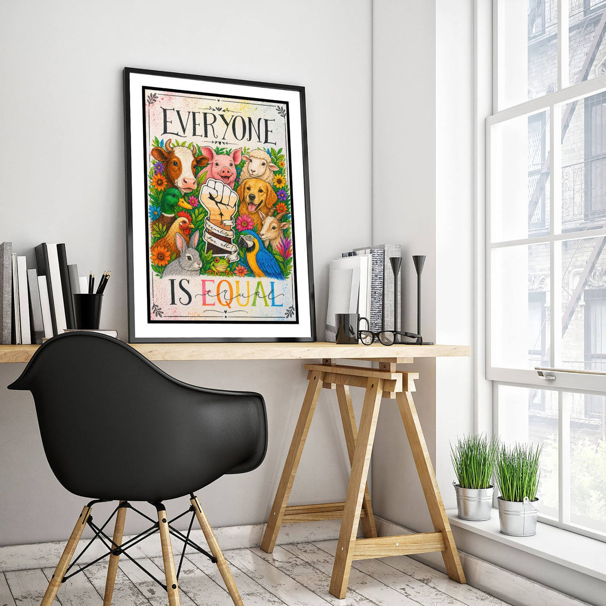 Everyone Is Equal Art Print - Vegan Farm Animals Raised Fist Poster - Jessica Redon Animal Rights Illustration V2