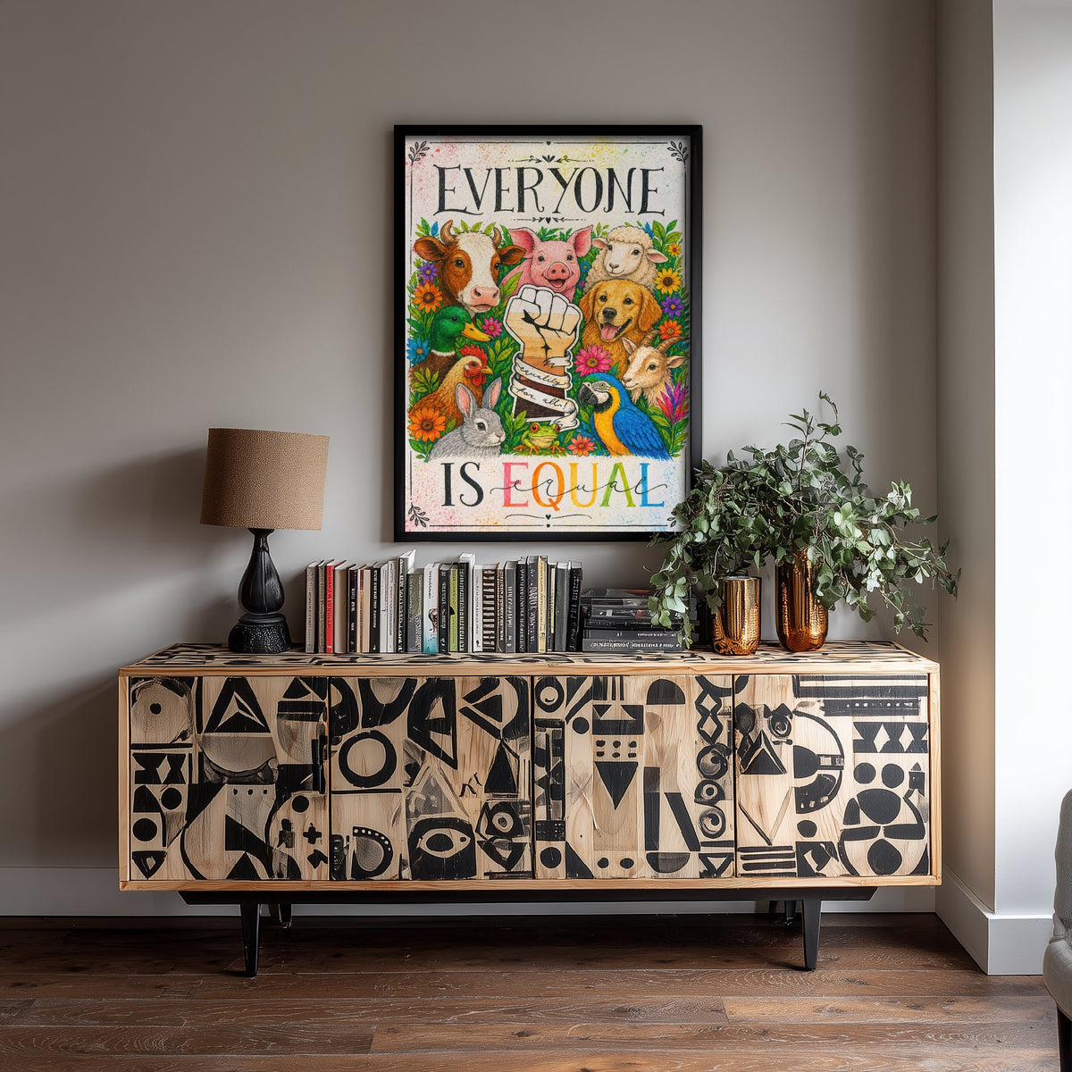 Everyone Is Equal Art Print - Vegan Farm Animals Raised Fist Poster - Jessica Redon Animal Rights Illustration V2