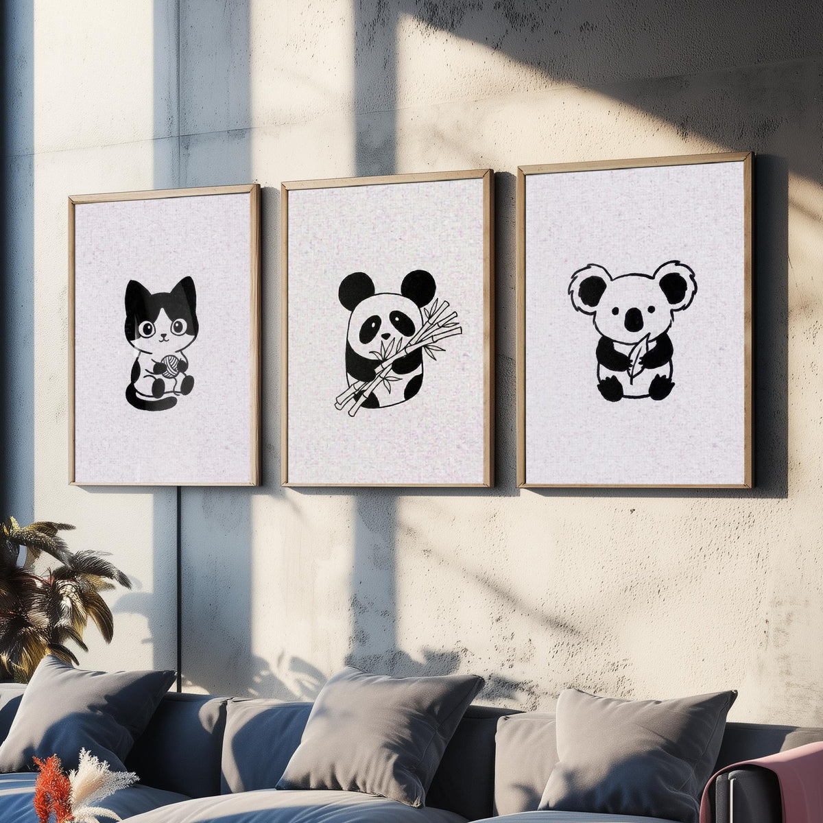Set of Three Cute Animal Nursery Art Prints - 3 Cat Panda Koala Illustrations - Minimalist Ink Poster Kids Wall Art Gift Baby Line Drawing