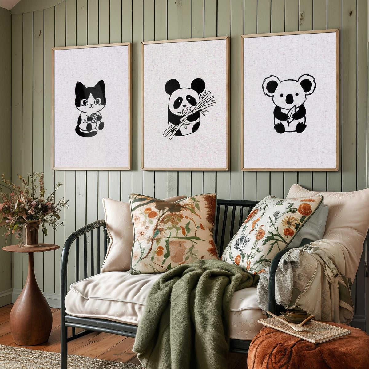 Set of Three Cute Animal Nursery Art Prints - 3 Cat Panda Koala Illustrations - Minimalist Ink Poster Kids Wall Art Gift Baby Line Drawing