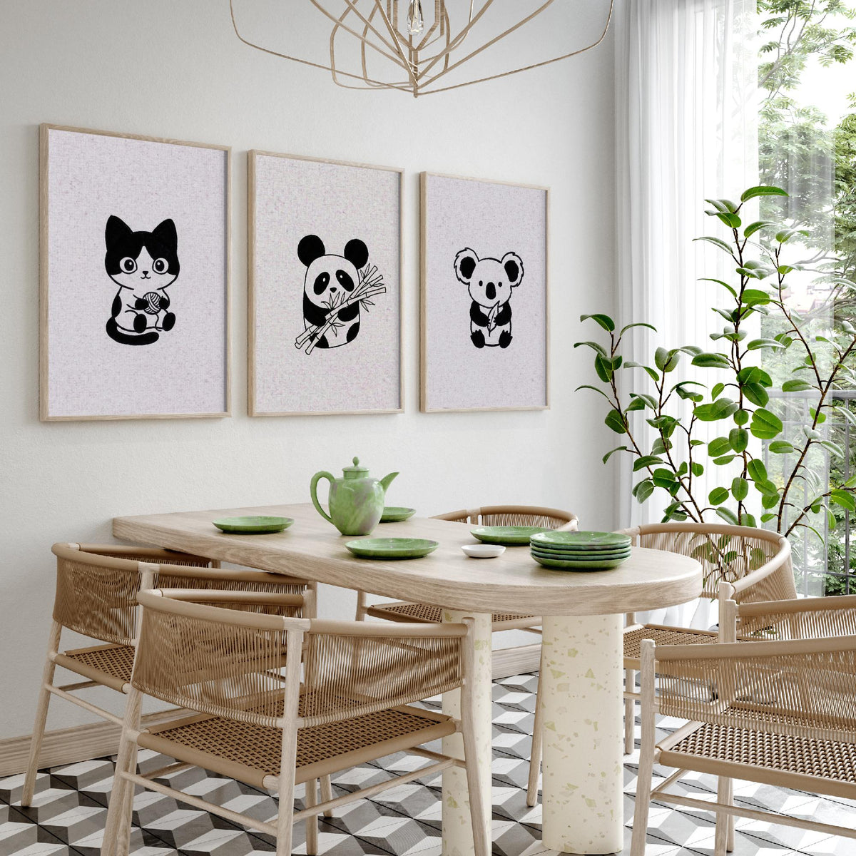 Set of Three Cute Animal Nursery Art Prints - 3 Cat Panda Koala Illustrations - Minimalist Ink Poster Kids Wall Art Gift Baby Line Drawing