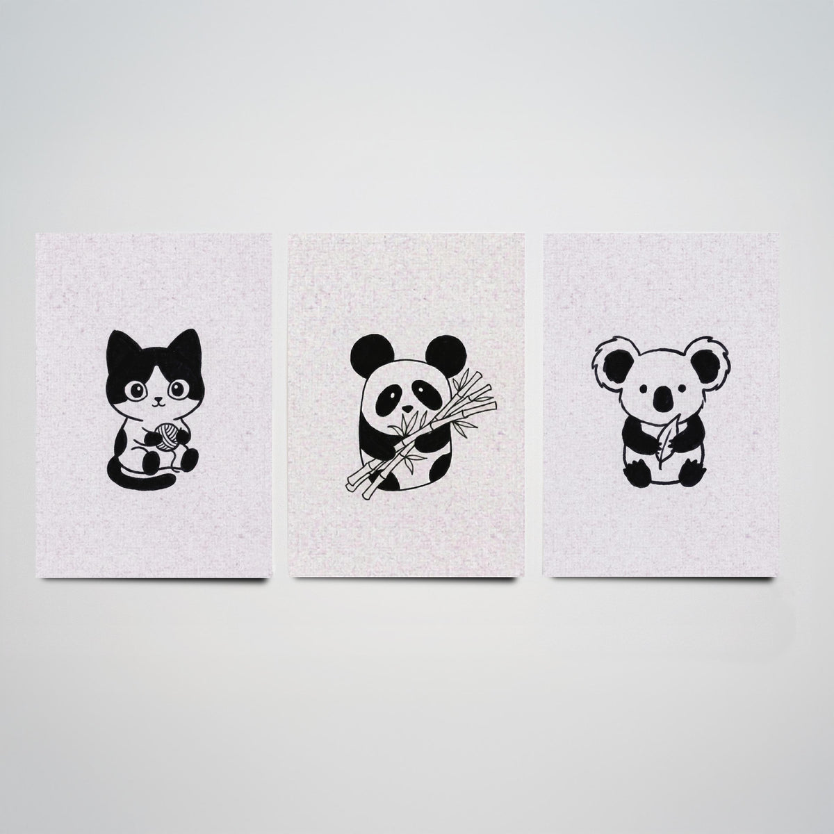 Set of Three Cute Animal Nursery Art Prints - 3 Cat Panda Koala Illustrations - Minimalist Ink Poster Kids Wall Art Gift Baby Line Drawing