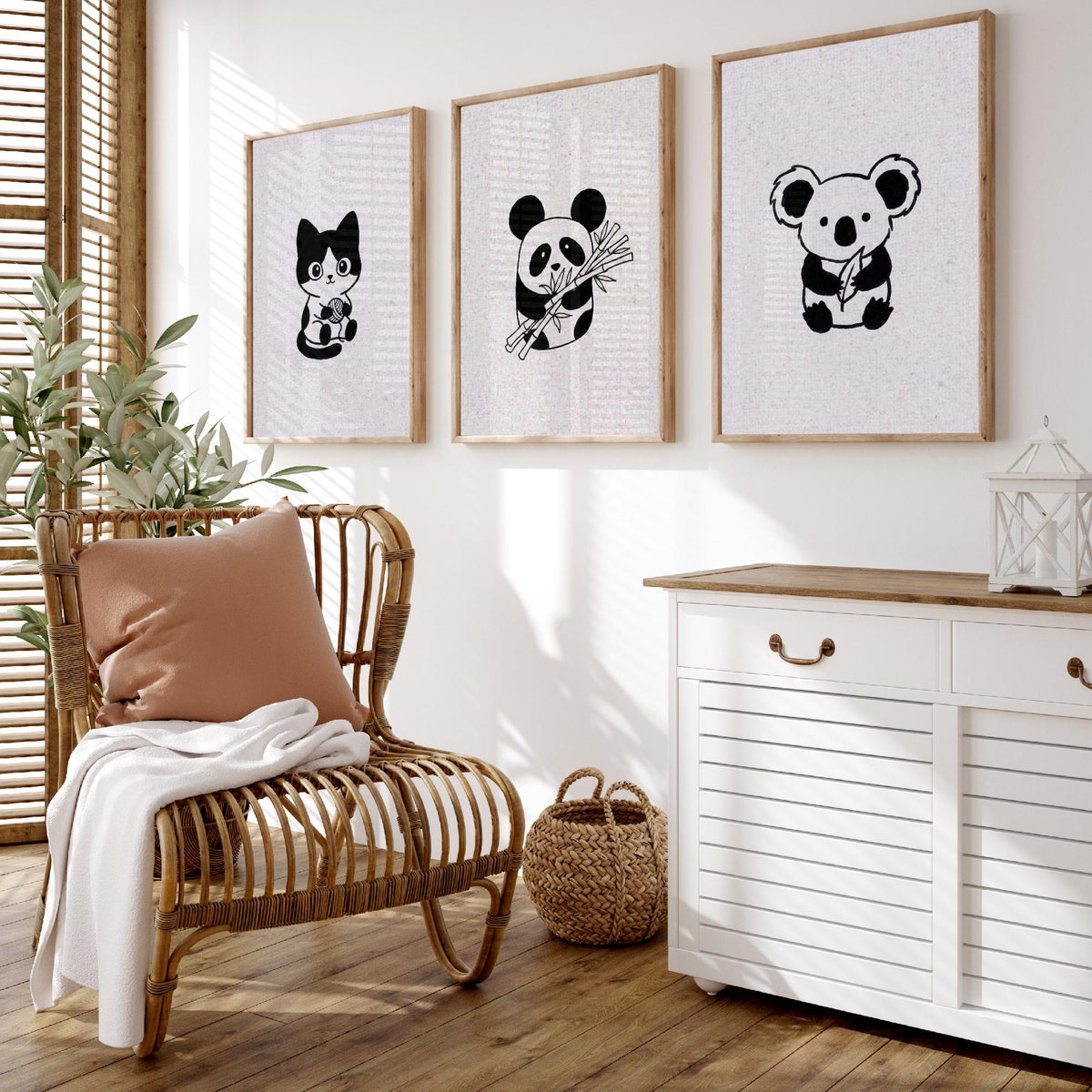 Set of Three Cute Animal Nursery Art Prints - 3 Cat Panda Koala Illustrations - Minimalist Ink Poster Kids Wall Art Gift Baby Line Drawing