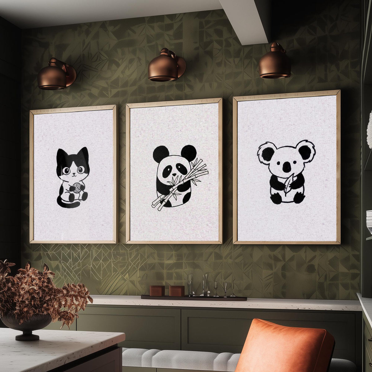 Set of Three Cute Animal Nursery Art Prints - 3 Cat Panda Koala Illustrations - Minimalist Ink Poster Kids Wall Art Gift Baby Line Drawing