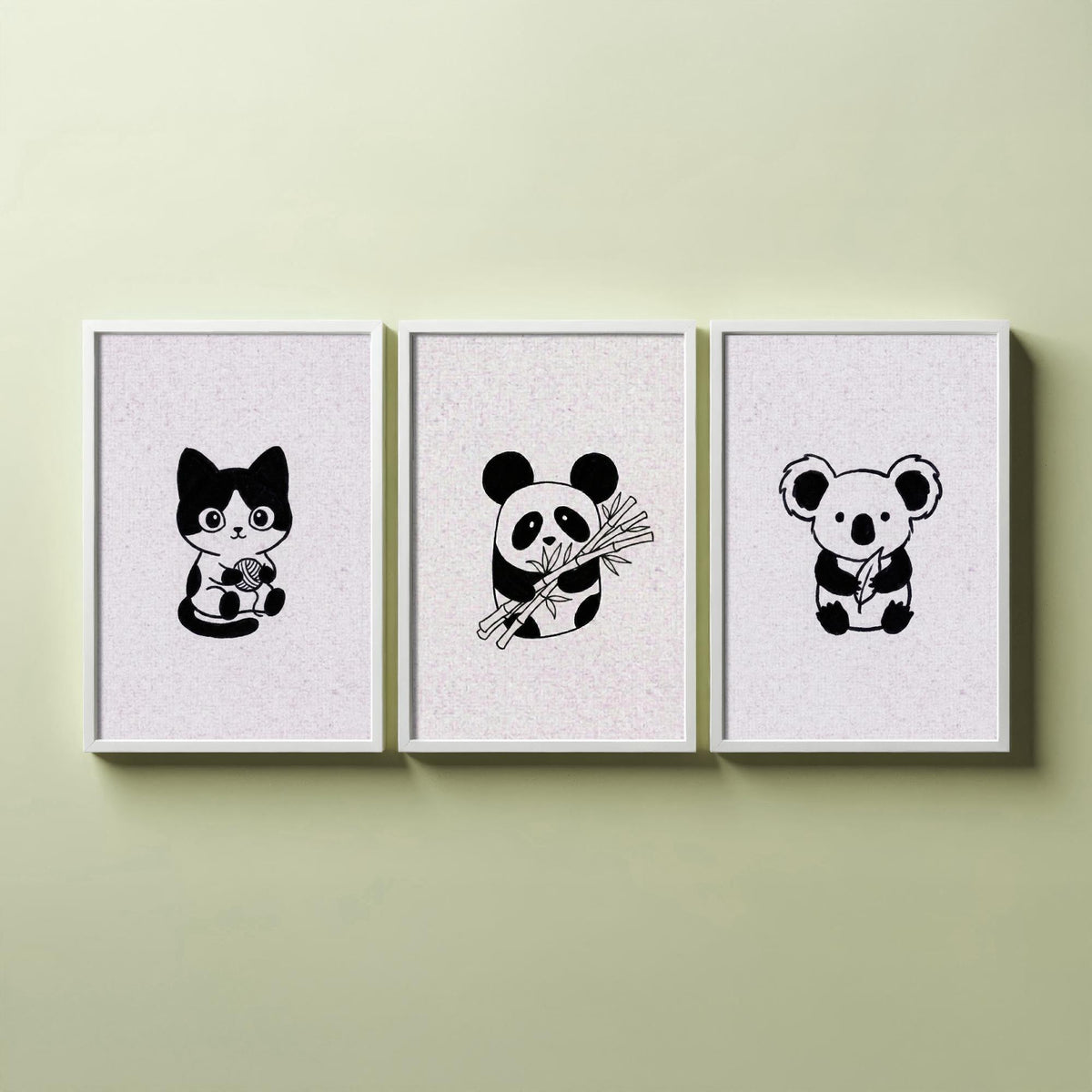 Set of Three Cute Animal Nursery Art Prints - 3 Cat Panda Koala Illustrations - Minimalist Ink Poster Kids Wall Art Gift Baby Line Drawing