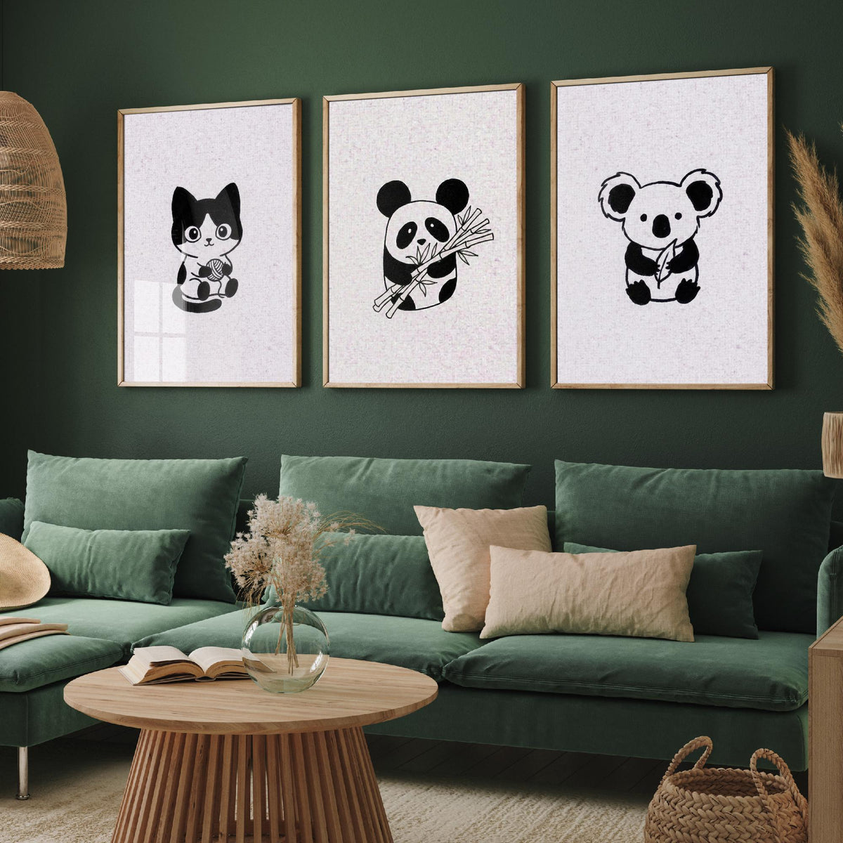 Set of Three Cute Animal Nursery Art Prints - 3 Cat Panda Koala Illustrations - Minimalist Ink Poster Kids Wall Art Gift Baby Line Drawing