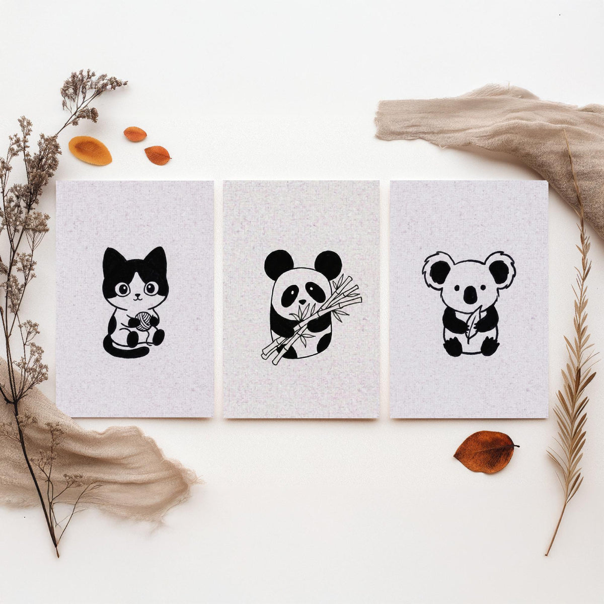 Set of Three Cute Animal Nursery Art Prints - 3 Cat Panda Koala Illustrations - Minimalist Ink Poster Kids Wall Art Gift Baby Line Drawing