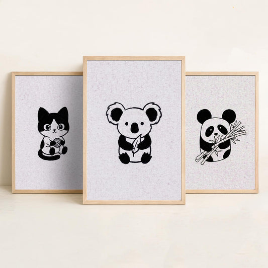 Set of Three Cute Animal Nursery Art Prints - 3 Cat Panda Koala Illustrations - Minimalist Ink Poster Kids Wall Art Gift Baby Line Drawing