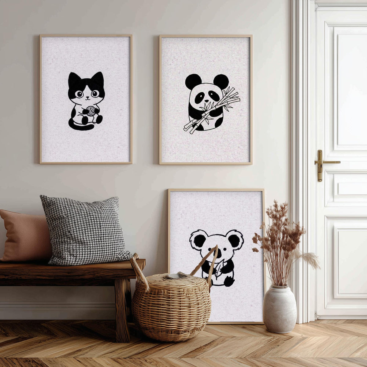 Set of Three Cute Animal Nursery Art Prints - 3 Cat Panda Koala Illustrations - Minimalist Ink Poster Kids Wall Art Gift Baby Line Drawing