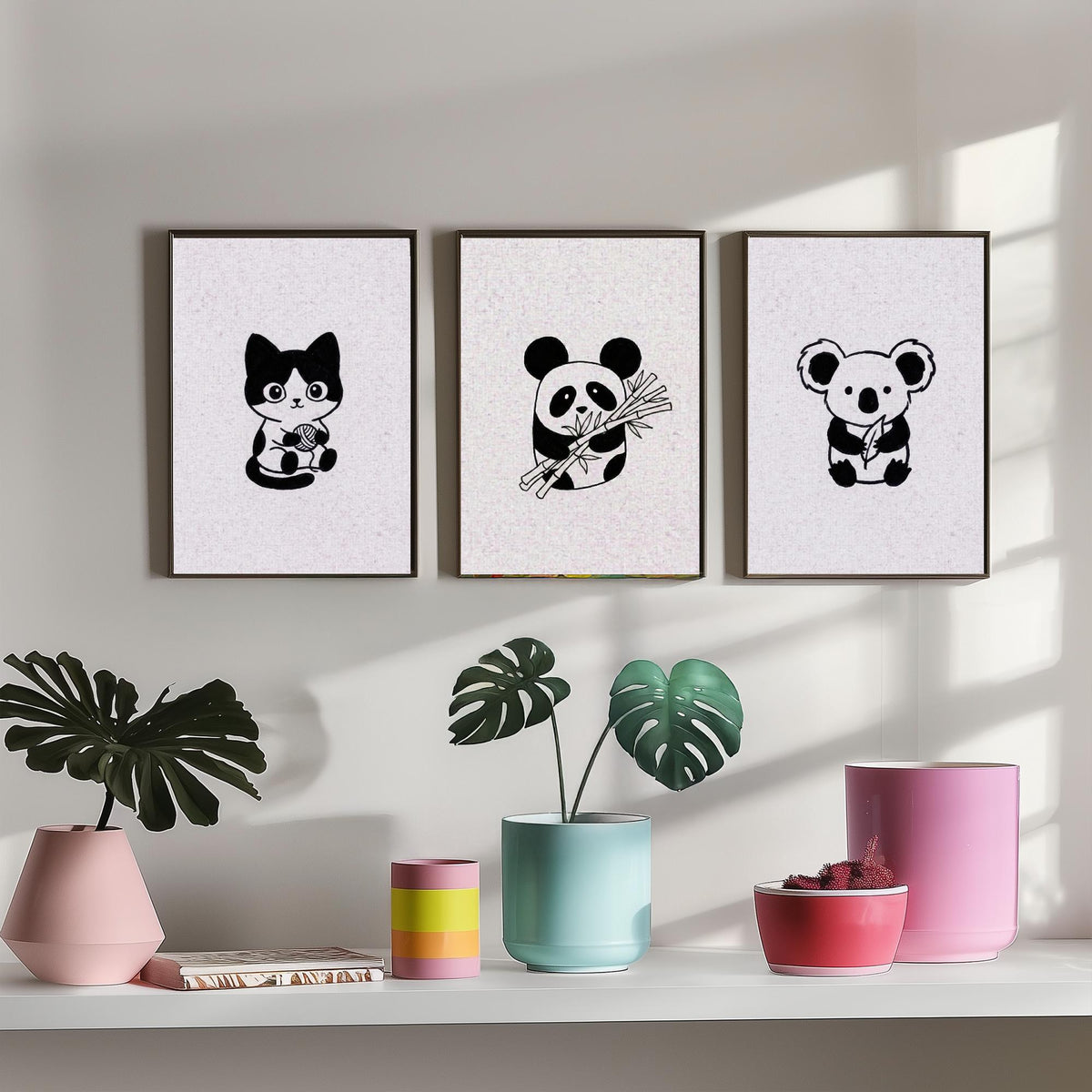 Set of Three Cute Animal Nursery Art Prints - 3 Cat Panda Koala Illustrations - Minimalist Ink Poster Kids Wall Art Gift Baby Line Drawing