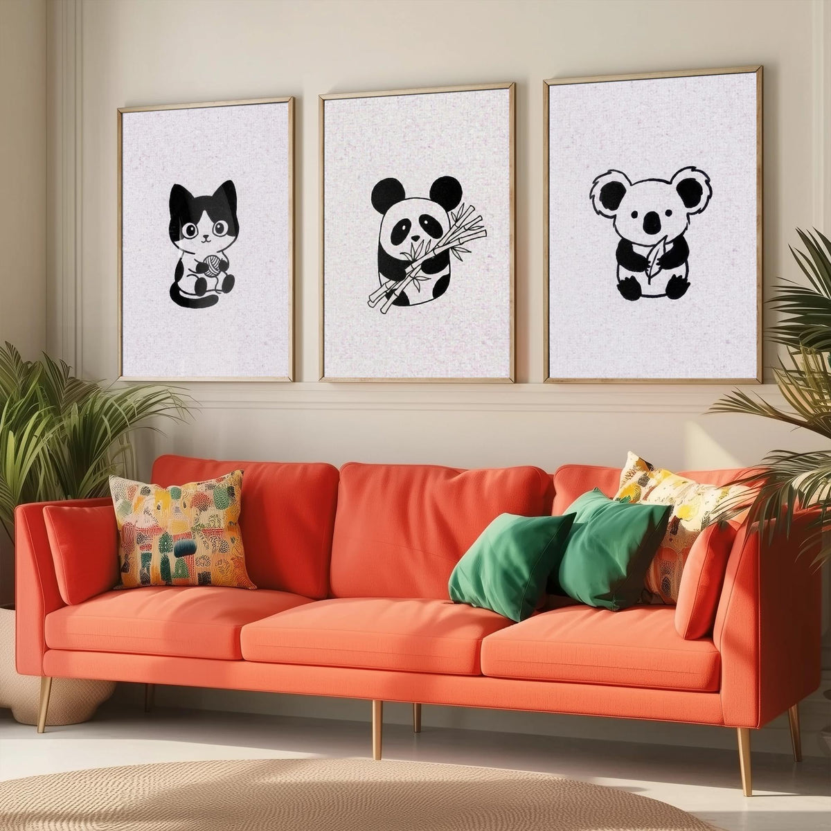 Set of Three Cute Animal Nursery Art Prints - 3 Cat Panda Koala Illustrations - Minimalist Ink Poster Kids Wall Art Gift Baby Line Drawing