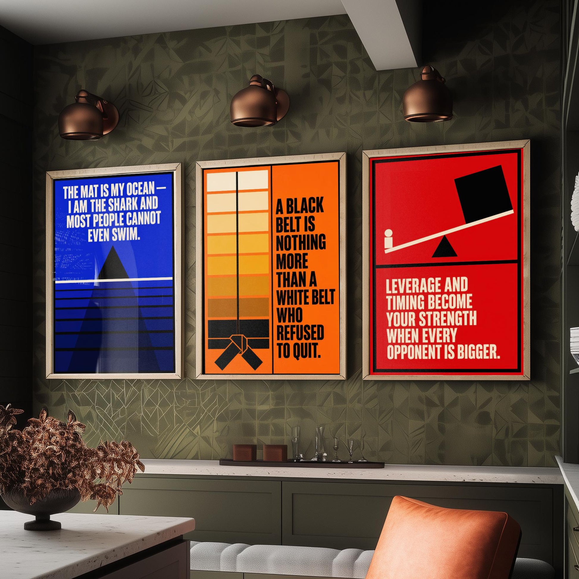 Jiu Jitsu Quotes Set of Three Art Prints - 3 Bauhaus BJJ Posters - Minimalist Martial Arts Wall Art Illustration V1