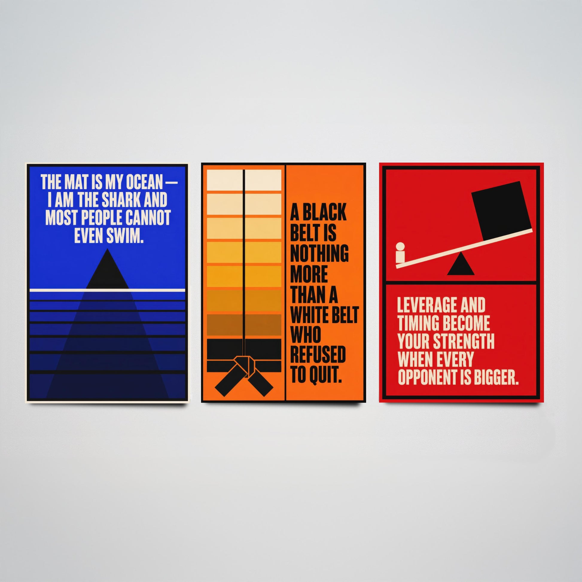 Jiu Jitsu Quotes Set of Three Art Prints - 3 Bauhaus BJJ Posters - Minimalist Martial Arts Wall Art Illustration V1