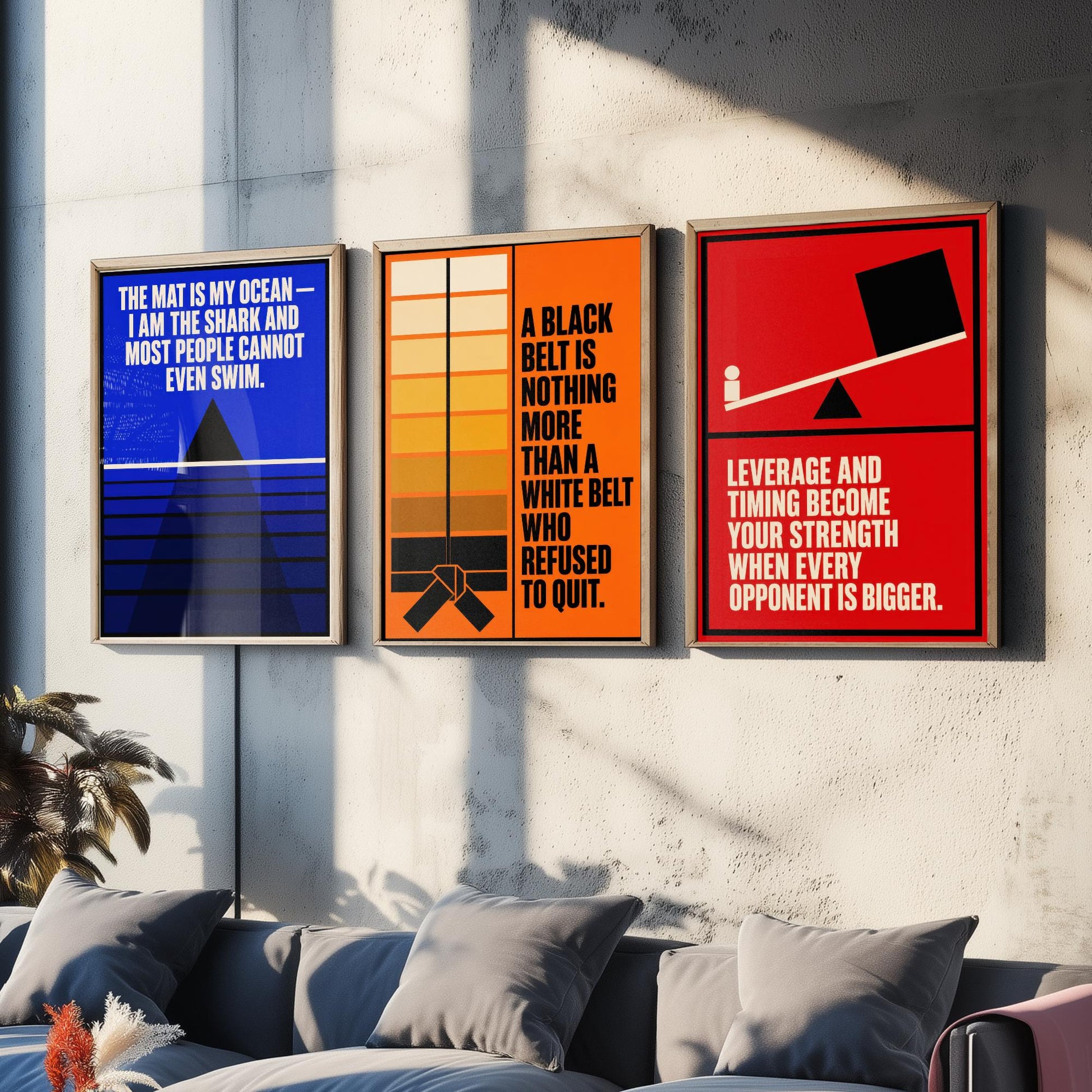 Jiu Jitsu Quotes Set of Three Art Prints - 3 Bauhaus BJJ Posters - Minimalist Martial Arts Wall Art Illustration V1