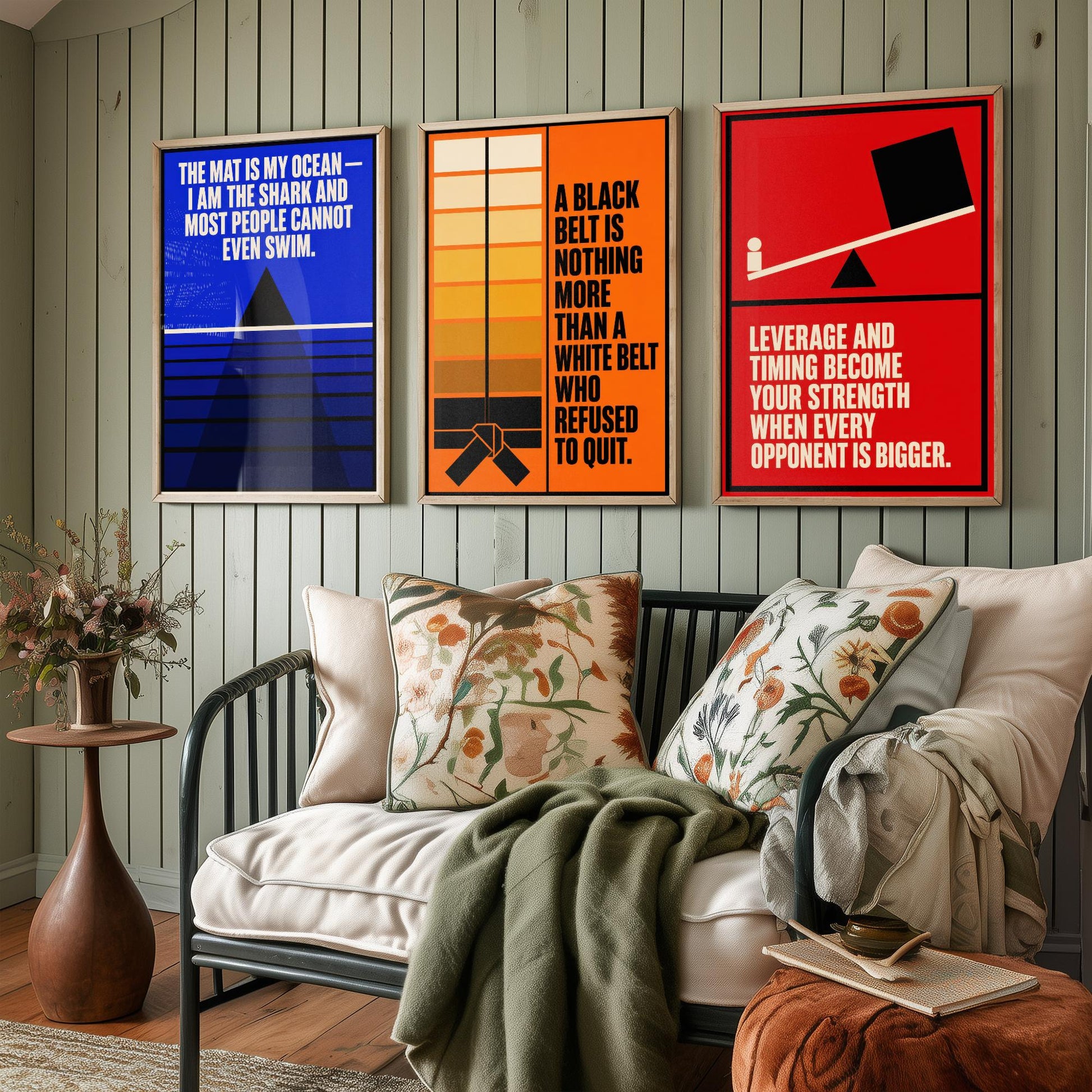 Jiu Jitsu Quotes Set of Three Art Prints - 3 Bauhaus BJJ Posters - Minimalist Martial Arts Wall Art Illustration V1