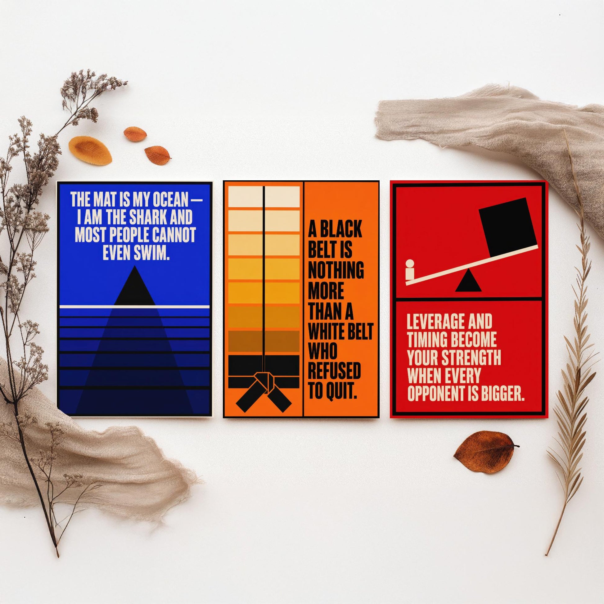 Jiu Jitsu Quotes Set of Three Art Prints - 3 Bauhaus BJJ Posters - Minimalist Martial Arts Wall Art Illustration V1